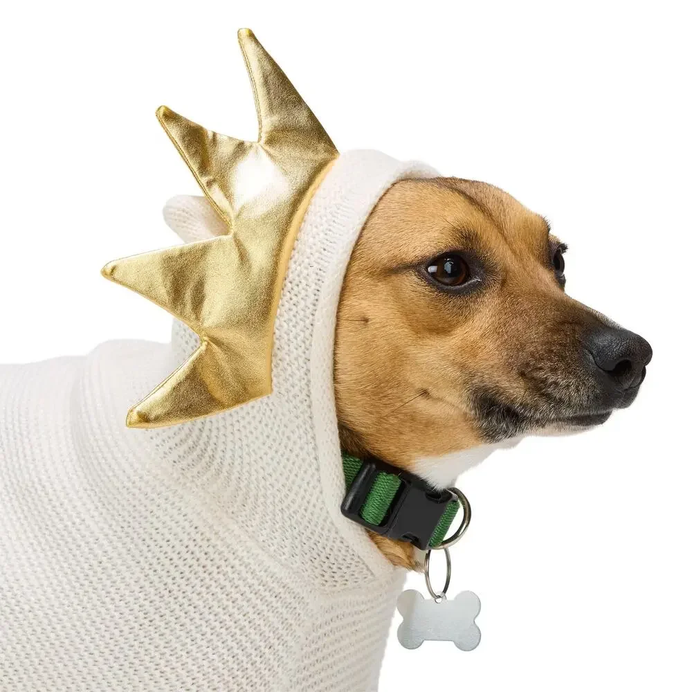 YOULY Crown Knit Pet Sweater Small Cream Gold Royal Dog Costume Hooded Knitwear - Picture 2 of 9